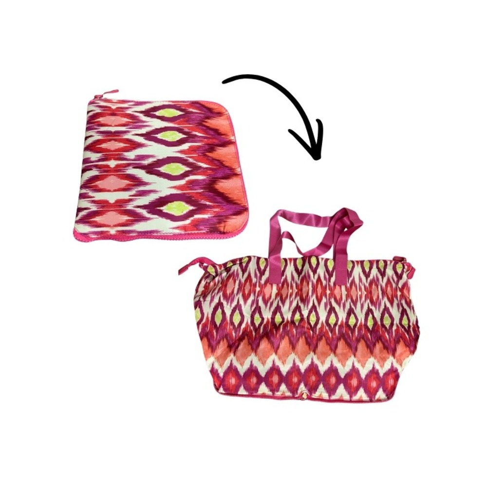 Chicos Packable Tote Bag Ikat Pink Orange Geometric Foldable Travel Purse NWT